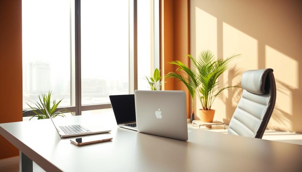 A modern, sleek office space in Riyadh, Saudi Arabia. Bright natural light streams through large windows, illuminating a desk with a sleek laptop and a smartphone. A minimalist, ergonomic chair sits next to the desk. The walls are painted a warm, neutral tone, and a few potted plants add a touch of greenery. The overall atmosphere is professional, efficient, and tech-savvy, reflecting the reliable and high-performance hosting experience of Kinsta in the region.