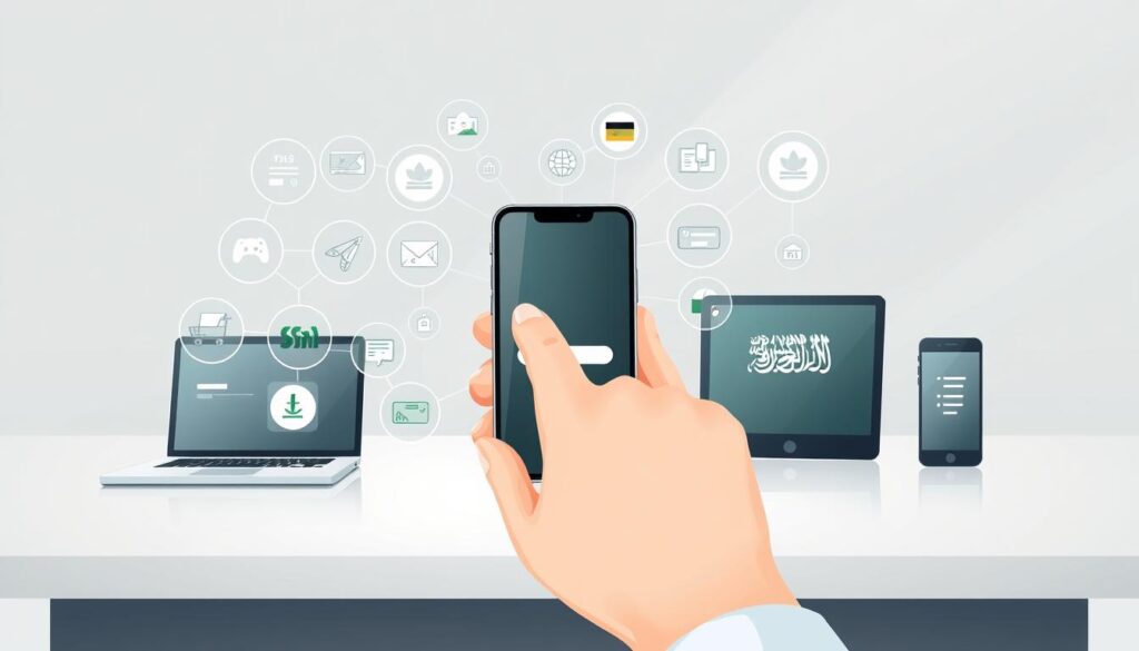 A modern, stylized illustration depicting the process of integrating digital payment gateways with an e-commerce platform. In the foreground, a hand taps on a smartphone screen, connecting to an array of payment icons and logos. The middle ground showcases various electronic devices, such as a laptop, tablet, and mobile phone, symbolizing the interconnectivity of digital commerce. The background features a clean, minimalist interface with a Saudi Arabian flag, subtly indicating the local context. The lighting is soft and diffused, creating a sense of professionalism and sophistication. The overall composition conveys the ease and efficiency of integrating payment solutions within a Saudi Arabian e-commerce website.