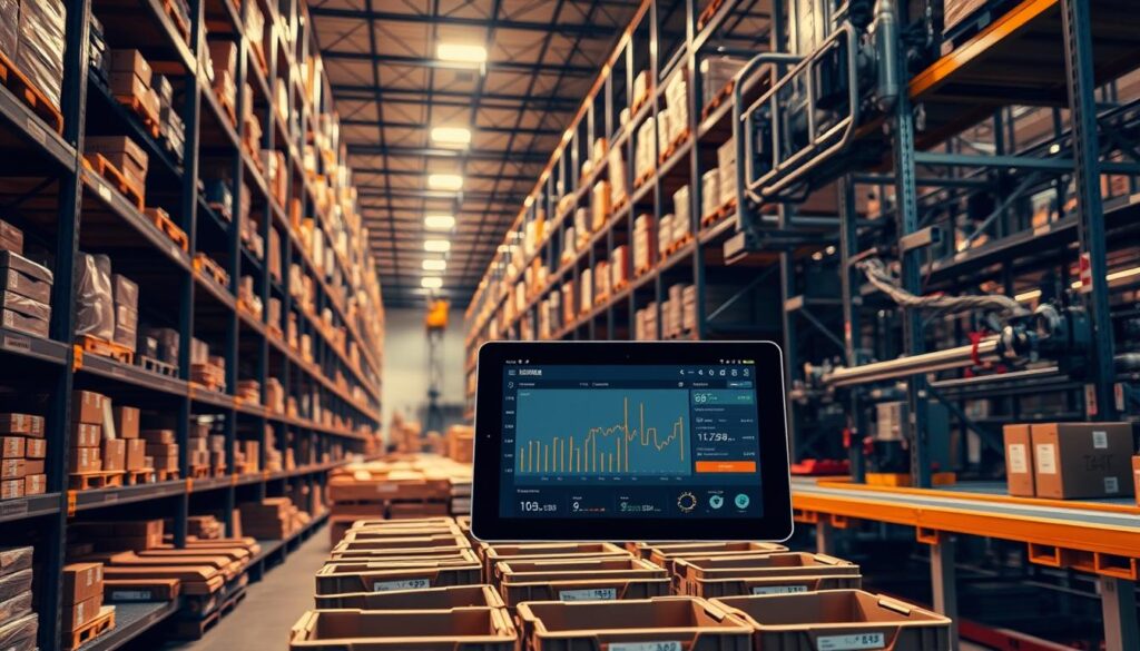 A modern warehouse interior with sleek metal shelving units, displaying various inventory items. Warm, directional lighting illuminates the scene, casting subtle shadows. In the foreground, a tablet device displays a stock monitoring interface, with real-time data and alerts. The middle ground features inventory bins, neatly organized, while the background showcases automated inventory management systems, conveyor belts, and robotic components. The overall atmosphere conveys a sense of efficiency, organization, and data-driven inventory control.