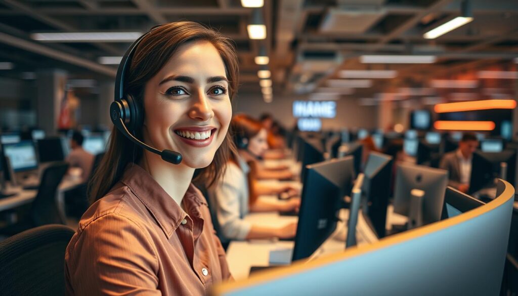 A modern, well-equipped technical support office with rows of desks, computers, and employees assisting customers via phone and chat. Warm, subdued lighting creates a professional yet inviting atmosphere. The foreground features a close-up of a smiling customer service representative, headset on, offering friendly assistance. The middle ground shows other staff diligently working, while the background depicts an expansive space with sleek, minimalist decor and accents of the brand's colors. An atmosphere of efficiency, expertise, and customer-centric service pervades the scene.