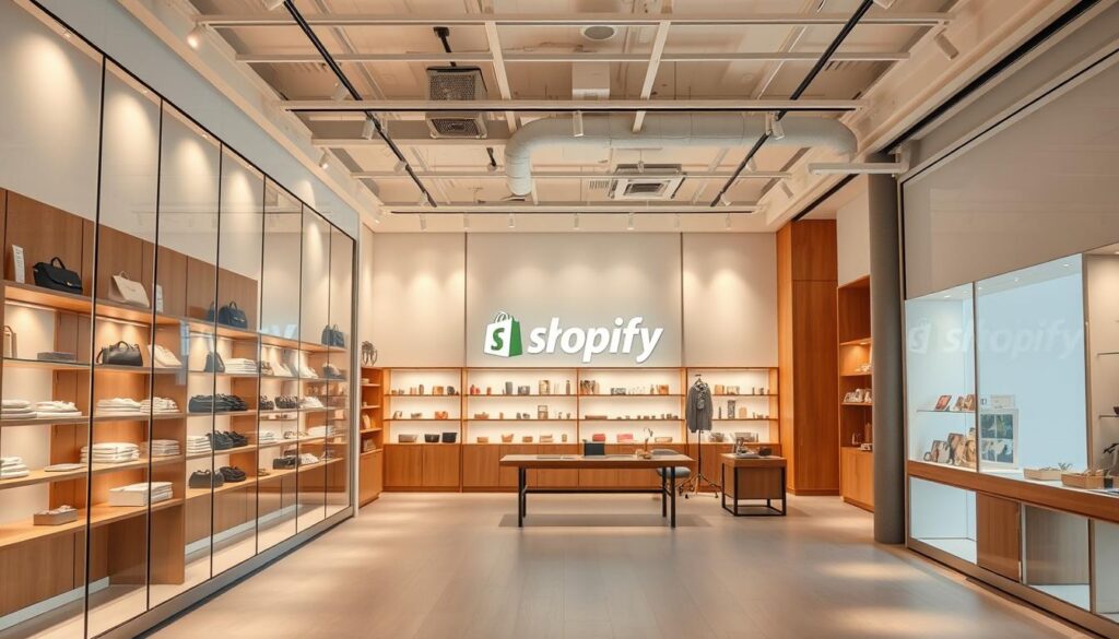 A modern, well-lit Shopify store interior with clean, minimalist design. The storefront features large windows showcasing an inviting product display. Soft, warm lighting illuminates the wooden shelves, chrome fixtures, and neutral-toned decor. Subtle branding elements like the Shopify logo are tastefully integrated. The layout is spacious yet cozy, creating a pleasant shopping experience. The overall atmosphere evokes professionalism, accessibility, and the latest ecommerce trends.