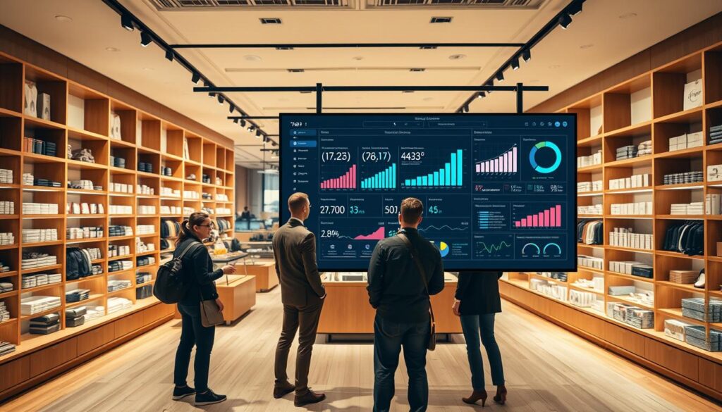 A modern, well-lit e-commerce store interior with sleek, minimalist shelving and displays. Warm wooden accents and neutral tones create a sophisticated ambiance. In the foreground, a data visualization dashboard on a large touchscreen displays real-time sales metrics, customer behavior insights, and inventory analytics. A team of analysts in the middle ground examines the data, discussing optimization strategies. The background features a panoramic view of the bustling online store, with a focus on the efficient, data-driven workflows that power the business.