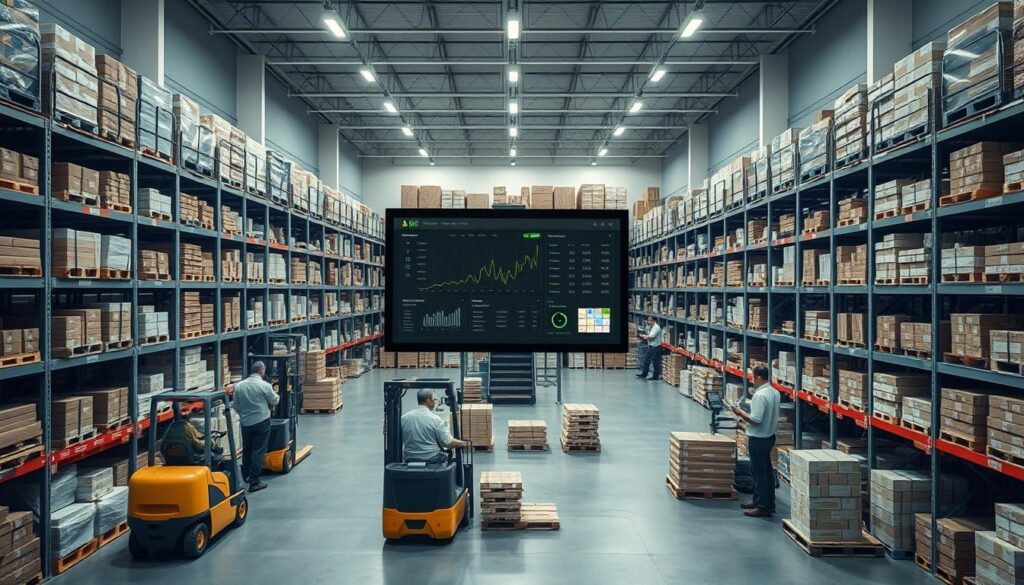 A neatly organized inventory management system in a Shopify store. A large, well-lit warehouse-style room with metal shelving units lining the walls, each filled with a variety of packaged products. Forklift operators efficiently moving pallets, while store associates use handheld scanners to monitor stock levels. In the center, a large touchscreen display shows real-time inventory data and analytics. Soft, even lighting illuminates the scene, creating a sense of order and productivity. The atmosphere conveys a streamlined, high-tech approach to inventory control in a modern e-commerce business.