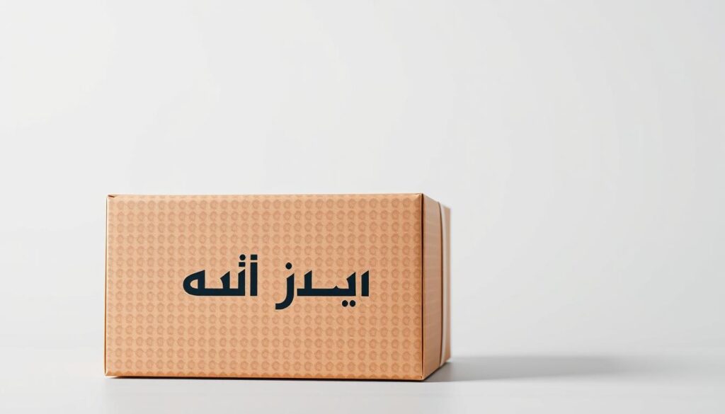 A photorealistic image of a delivery box or package with the Arabic text "الشحن المجاني" prominently displayed on the side. The package should be shown against a plain, neutral background, with soft, even lighting from the top-left illuminating the scene. The focus should be crisp and the perspective slightly elevated, creating a sense of importance and emphasis on the package. The packaging should appear high-quality, sturdy, and professional, conveying a sense of reliability and trust. The overall mood should be one of simplicity, clarity, and confidence in the free shipping service.