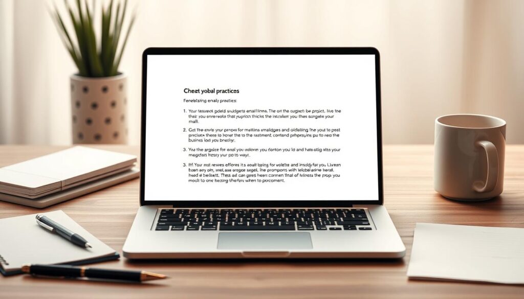 A professional and minimalist email layout with clean design elements, warm lighting, and subtle textures. The composition features a laptop or tablet in the center, surrounded by office supplies like a pen, notepad, and coffee mug. The background has a soft, blurred effect, drawing attention to the email interface on the screen, which showcases best practices for effective business communication - clear subject lines, concise body text, and a professional tone. The overall scene conveys a sense of productivity, organization, and attention to detail.