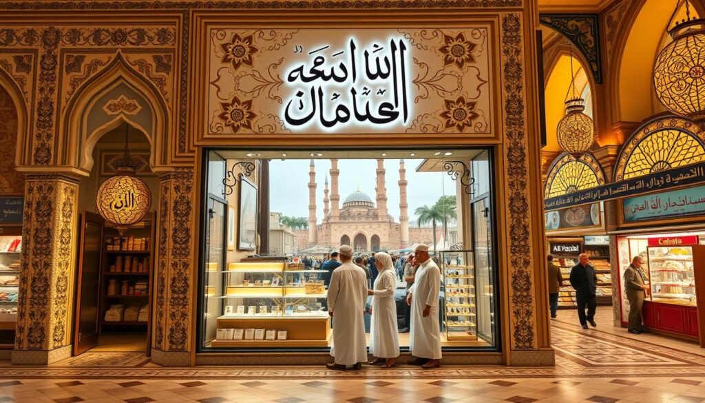 A professional, elegant Shopify store front featuring traditional Arabic calligraphy and ornamental patterns. The storefront is set in a bustling Middle Eastern marketplace, with intricate mosaic tiling, ornate archways, and a warm, golden lighting. In the foreground, a large display window showcases a curated selection of high-quality products. The middle ground features employees dressed in traditional robes assisting customers. The background depicts the busy cityscape with towering minarets and colorful market stalls. The overall atmosphere evokes a sense of cultural authenticity, craftsmanship, and premium shopping experience.