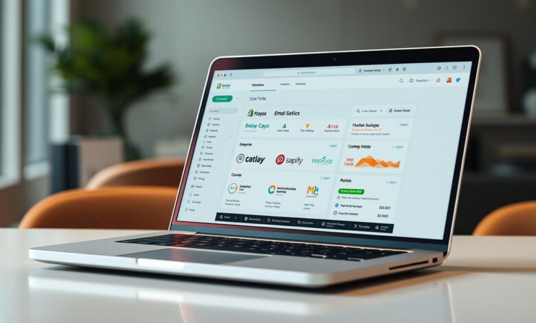 A professional-looking email integration with Shopify, showcased on a modern, minimalist laptop display. The screen displays a clean, well-organized interface with brand logos, data visualizations, and intuitive controls. Warm, directional lighting highlights the laptop's sleek, metallic chassis, creating a sense of sophistication and technological prowess. The composition is balanced, with the laptop positioned centrally and surrounded by a subtle, blurred background that suggests a professional, office-like setting. The overall tone conveys efficiency, seamlessness, and the power of integrating email marketing with an e-commerce platform.
