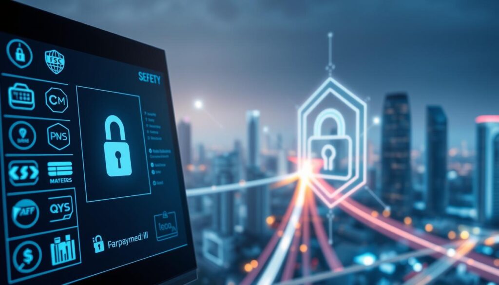 A secure payment processing operation with a focus on safety and encryption. A digital display interface in the foreground, showcasing various payment methods and security features. In the middle ground, virtual security protocols and data encryption visualized as glowing lines and geometric shapes. The background depicts a futuristic cityscape, hinting at the global reach and interconnectedness of the payment system. Soft, ambient lighting creates a sense of trust and reliability. The overall composition conveys the idea of a robust, technologically advanced, and customer-centric payment platform.