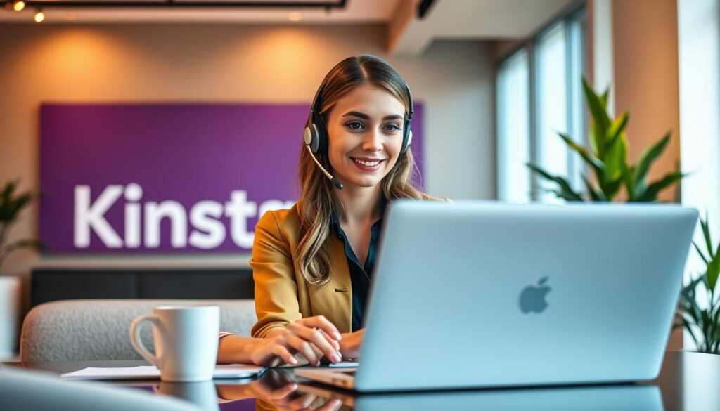 A serene and modern office setting, with an elegant customer support agent assisting a client on a laptop. The lighting is warm and inviting, creating a cozy and professional atmosphere. The agent's expression is one of attentiveness and empathy, reflecting Kinsta's commitment to exceptional customer service. The background features Kinsta's distinctive branding, subtly hinting at the company's expertise in WordPress hosting. The overall composition is balanced and visually appealing, conveying the reliable and trustworthy nature of Kinsta's customer support.