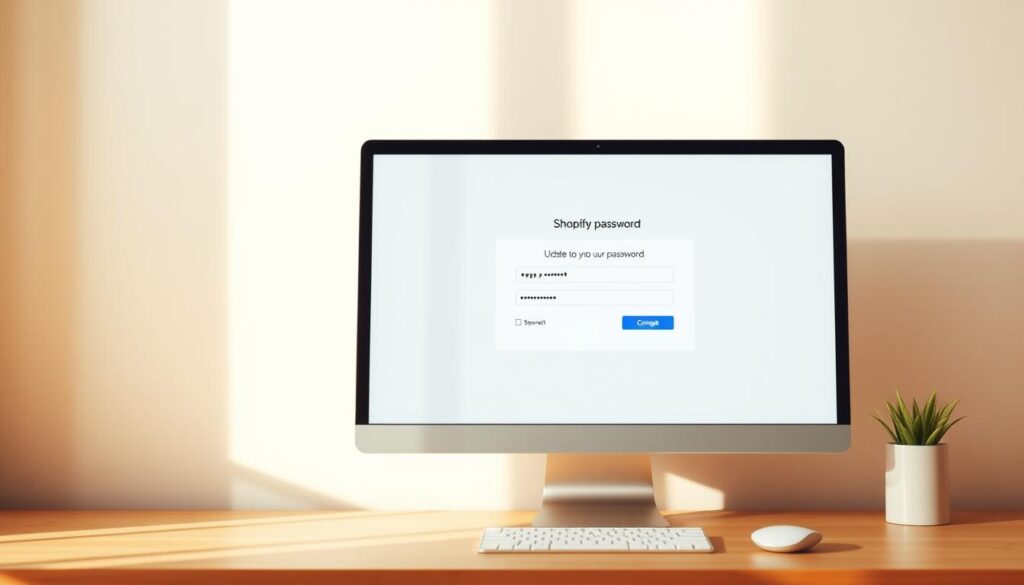 A serene, minimalist scene depicting a computer screen displaying a Shopify password change interface. The screen is shown in warm, natural lighting, with a clean, modern aesthetic. The user interface elements are crisp and well-designed, inviting the viewer to focus on the task of updating their Shopify account password. The overall mood is one of simplicity, efficiency, and security, reflecting the straightforward process of regaining control over one's Shopify credentials.