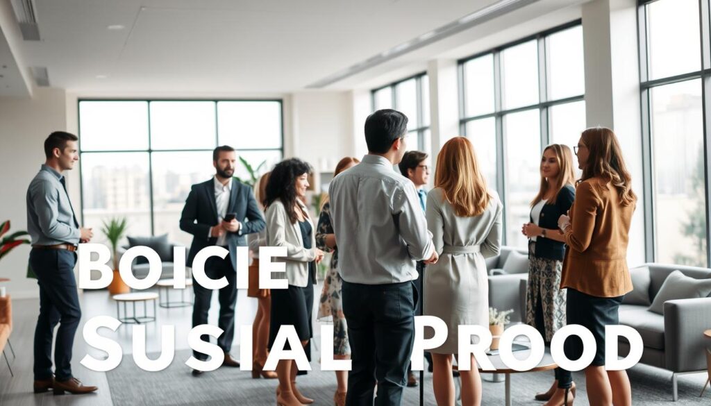 A serene, modern office interior with clean lines and minimal decor. The scene exudes a sense of trust and professionalism. In the foreground, a group of diverse, well-dressed individuals are engaged in a lively discussion, their body language conveying openness and confidence. The middle ground features stylish furniture and decor, suggesting an atmosphere of sophistication. The background showcases large windows, allowing natural light to pour in and create a bright, airy ambiance. Soft, diffused lighting accentuates the calm, trustworthy atmosphere. The overall composition and tone suggest an environment conducive to building social proof and establishing credibility.