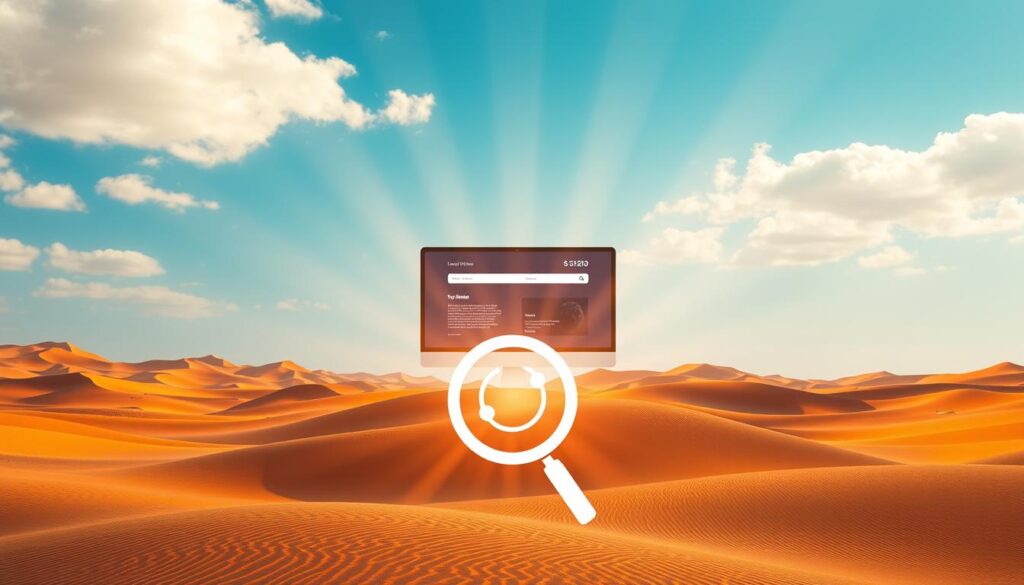 A serene, sun-dappled landscape in the heart of Saudi Arabia, where a towering, modern website stands as the centerpiece. The site's sleek, responsive design is showcased against a backdrop of rolling desert dunes and a cloudless azure sky. Beams of warm light cascade across the screen, highlighting the site's fast loading times and seamless user experience. In the foreground, a magnifying glass icon symbolizes the importance of website speed for improved search engine rankings. The overall scene conveys a sense of efficiency, progress, and the unique advantages of leveraging a high-performance content delivery network (CDN) to optimize a website in the Saudi Arabian market.