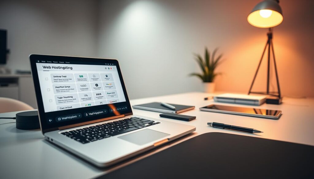 A serene workspace with a sleek laptop, stylish desk accessories, and a warm lighting setup. The foreground features an open laptop displaying web hosting options, while the middle ground showcases a neatly organized desk with a tablet, pen, and other professional tools. The background depicts a modern, minimalist office environment with clean lines and neutral tones, creating a calming, focused atmosphere conducive to the decision-making process of selecting the most suitable web hosting platform.