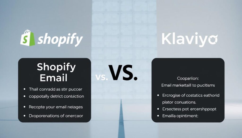 A side-by-side comparison of Shopify Email and Klaviyo platforms, showcased in a sleek, minimalist design. The foreground features elegant typography highlighting the key features of each platform, with a neutral color palette and clean lines to maintain visual balance. The background layer depicts a subtle grid or matrix pattern, symbolizing the data-driven nature of email marketing. Soft lighting casts a professional, tech-savvy atmosphere, while the camera angle provides a dynamic, eye-level perspective to engage the viewer. The overall composition should convey a thorough, objective analysis of the two email marketing solutions.