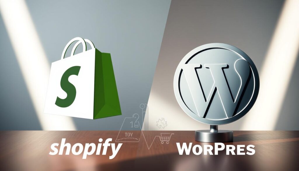 A side-by-side comparison of Shopify and WordPress hosting platforms, showcased in a professional yet visually compelling manner. The foreground depicts the logos of both platforms, presented in a clean, minimalist style, with a subtle yet distinct contrast in their design aesthetics. The middle ground features a series of icons and infographic elements that highlight the key differences between the two platforms, such as e-commerce functionality, content management capabilities, and ease of use. The background subtly blends neutral tones, creating a balanced and harmonious composition that allows the focal points to stand out. Lighting is soft and diffused, lending an air of professionalism and authority to the overall image. The composition is carefully structured to guide the viewer's eye, ensuring a clear and visually engaging representation of the topic.