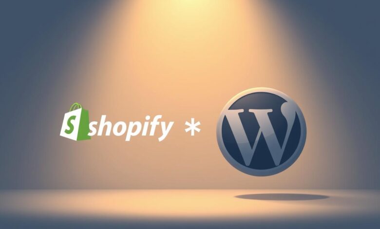 A simple, minimalistic illustration showcasing the seamless integration between Shopify and WordPress. Prominent in the foreground, the Shopify and WordPress logos stand side-by-side, symbolizing their harmonious connection. The background features a clean, gradient-based design with subtle textures, creating a modern and professional aesthetic. Soft, diffused lighting illuminates the scene, casting a warm, inviting glow. The composition is well-balanced, drawing the viewer's attention to the central logos without any distracting elements. The overall mood is one of efficiency, ease, and the effortless blending of these two powerful platforms.