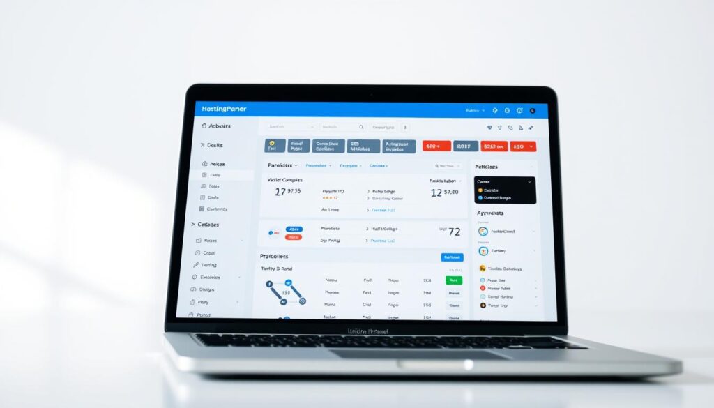A sleek and modern Hostinger hPanel dashboard displayed on a laptop screen, positioned at a slight angle to showcase its user interface. The dashboard features a clean, intuitive layout with various sections and widgets neatly arranged, allowing users to easily access and manage their web hosting account. The screen is well-lit, with a soft, natural lighting that enhances the clarity and legibility of the interface. The laptop's design complements the overall aesthetic, with its metallic finish and slim profile adding a touch of sophistication to the scene. The background is slightly blurred, keeping the focus on the hPanel display and creating a professional, minimalist atmosphere.