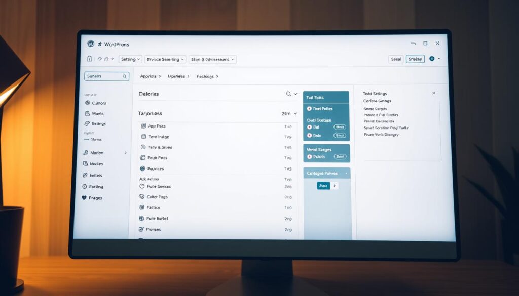 A sleek and modern WordPress dashboard interface, showcasing a clean layout with intuitive controls and customizable settings. The screen is bathed in a soft, warm light, creating a professional and inviting atmosphere. The arrangement of menus, widgets, and buttons is well-organized, making it easy to navigate and manage the website. The dashboard's design features subtle yet striking visual elements, such as elegant typography, subtle gradients, and minimalist icons, all of which contribute to an overall sense of sophistication and attention to detail. The resulting image should capture the essence of an efficient and user-friendly WordPress administration panel.