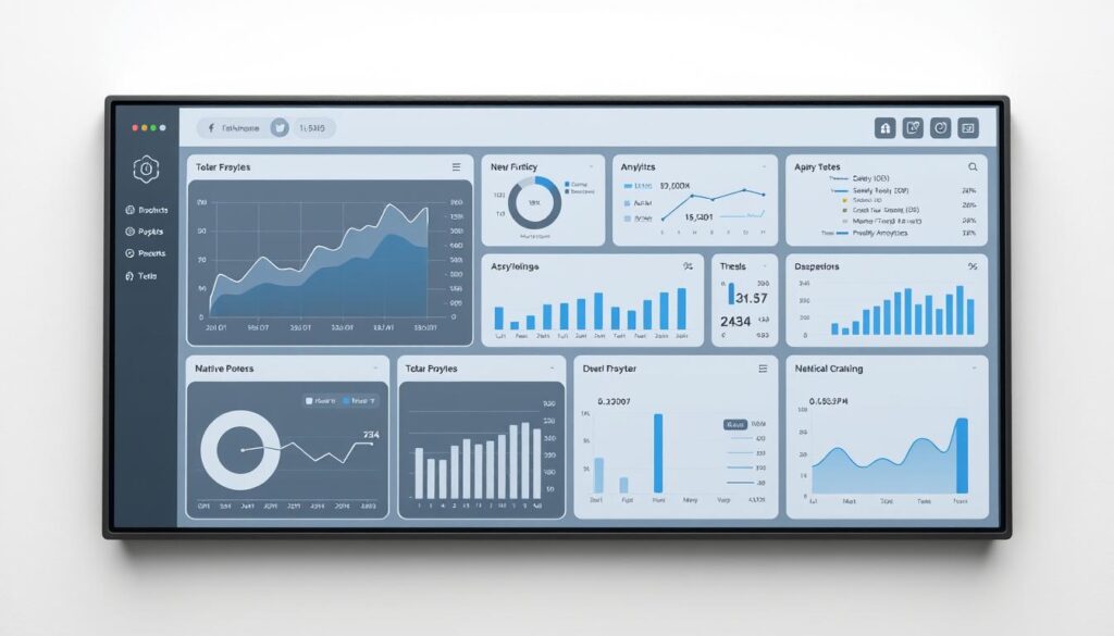 A sleek and modern dashboard displaying a range of statistical reports and data visualizations. The layout features a clean, minimalist aesthetic with a muted color palette of greys, whites, and subtle accents of blue. The dashboard presents key performance metrics, trend graphs, and data analytics in a visually compelling and organized manner. Soft, diffused lighting illuminates the display, creating a professional and informative atmosphere. The interface utilizes intuitive icons, clean typography, and responsive UI elements to enhance the user experience. The overall composition conveys a sense of clarity, efficiency, and data-driven decision making.