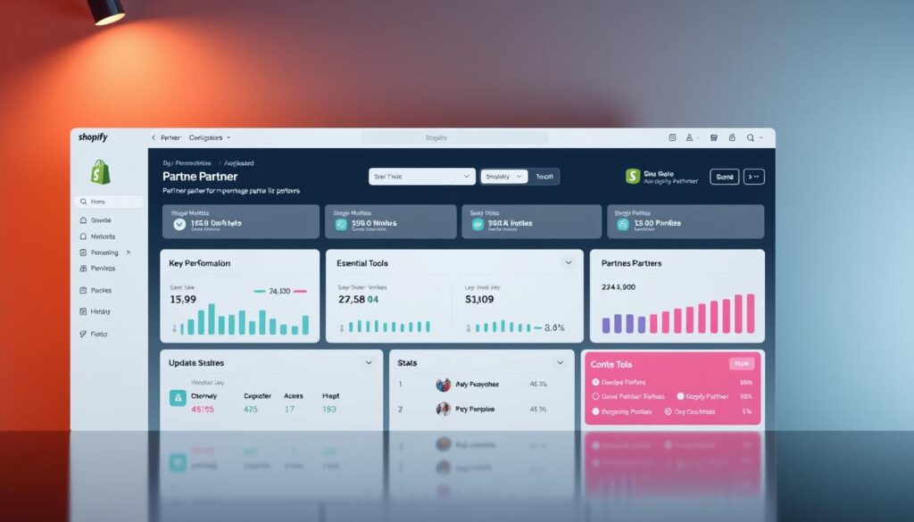 A sleek and modern dashboard for Shopify partners, featuring a clean layout with intuitive navigation. The interface showcases key performance metrics, partner program updates, and access to essential tools for managing partnerships. Warm lighting casts a professional glow, while subtle shadows and highlights create depth and dimensionality. The design strikes a balance between functionality and aesthetics, reflecting Shopify's commitment to empowering its partners. The dashboard serves as a centralized hub for seamless partner management, fostering collaboration and growth within the Shopify ecosystem.