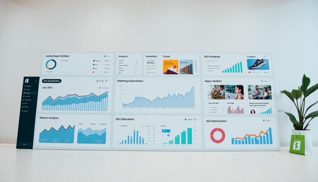 A sleek and modern dashboard showcasing a wide range of Shopify's marketing and analytics tools. In the foreground, interactive charts, graphs, and data visualizations provide deep insights into sales performance, customer behavior, and campaign effectiveness. The middle ground features intuitive UI elements like customizable report builders, marketing automation workflows, and SEO optimization tools. The background depicts a clean, minimalist workspace with subtle brand colors and high-resolution product imagery, conveying a sense of professionalism and efficiency. Soft, diffused lighting creates a warm, inviting atmosphere, while a slightly elevated camera angle suggests a bird's-eye view of the powerful Shopify platform.