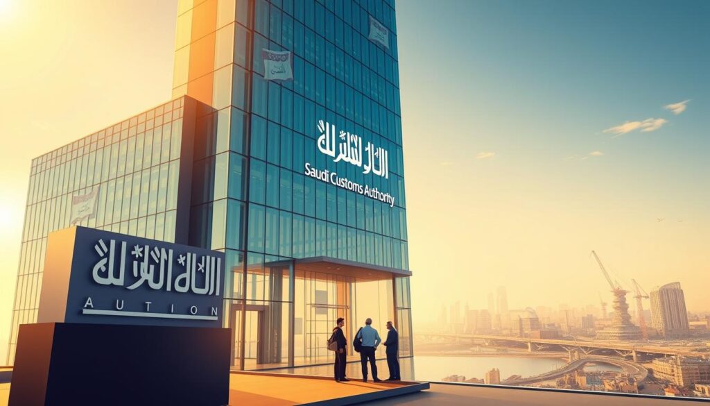 A sleek and modern illustration of the Saudi Customs Authority building, capturing its architectural elegance and technological sophistication. The structure stands tall, its glass facade reflecting the surrounding environment. Subtle Saudi flag motifs adorn the facade, symbolizing the authority's national identity. The scene is bathed in warm, golden light, creating a sense of professionalism and efficiency. The foreground features the authority's logo, prominently displayed, while the middle ground showcases a group of individuals, likely importers or exporters, engaged in discussions. The background depicts a bustling cityscape, hinting at the scope and complexity of the customs system. The overall composition conveys a sense of order, organization, and the seamless integration of technology in the Saudi customs ecosystem.