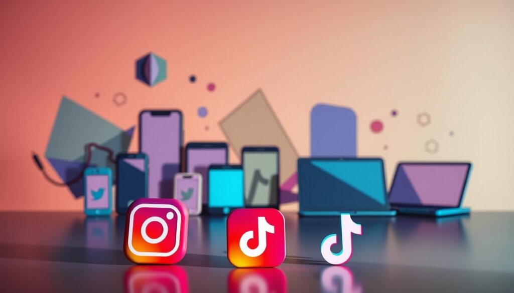 A sleek and modern illustration showcasing the power of Instagram and TikTok for digital marketing. The foreground features stylized icons and logos of the two social media platforms, rendered in a vibrant color scheme that commands attention. The midground depicts a diverse array of digital devices, such as smartphones, tablets, and laptops, symbolizing the ubiquity of these platforms across various digital touchpoints. The background incorporates a dynamic blend of abstract geometric shapes and patterns, creating a sense of movement and energy that reflects the fast-paced and ever-evolving nature of social media marketing. Lighting is soft and directional, casting subtle shadows and highlights to enhance the visual depth and impact. The overall composition and aesthetic convey the efficiency, reach, and effectiveness of Instagram and TikTok as strategic tools for modern marketing campaigns.