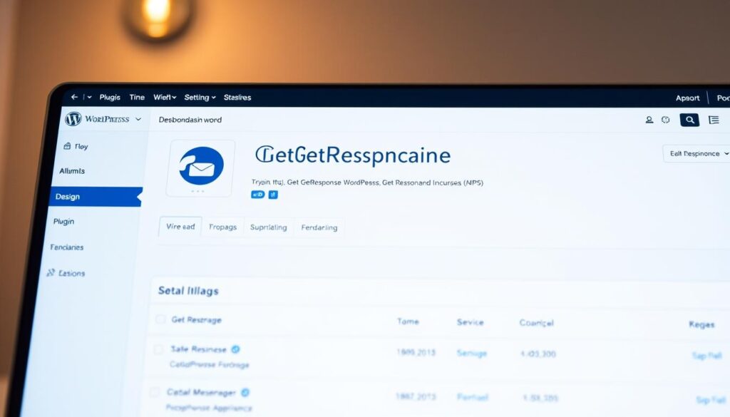 A sleek and modern-looking WordPress dashboard interface, featuring the GetResponse plugin prominently displayed. The plugin icon and branding should be clear and visually appealing. The background should have a soft, neutral tone to draw attention to the plugin. Subtle lighting from the top-left casts a warm glow, creating depth and dimension. The camera angle should be slightly elevated to showcase the entire dashboard layout in an organized, professional manner. The overall mood should convey a sense of ease and simplicity in integrating GetResponse with WordPress.