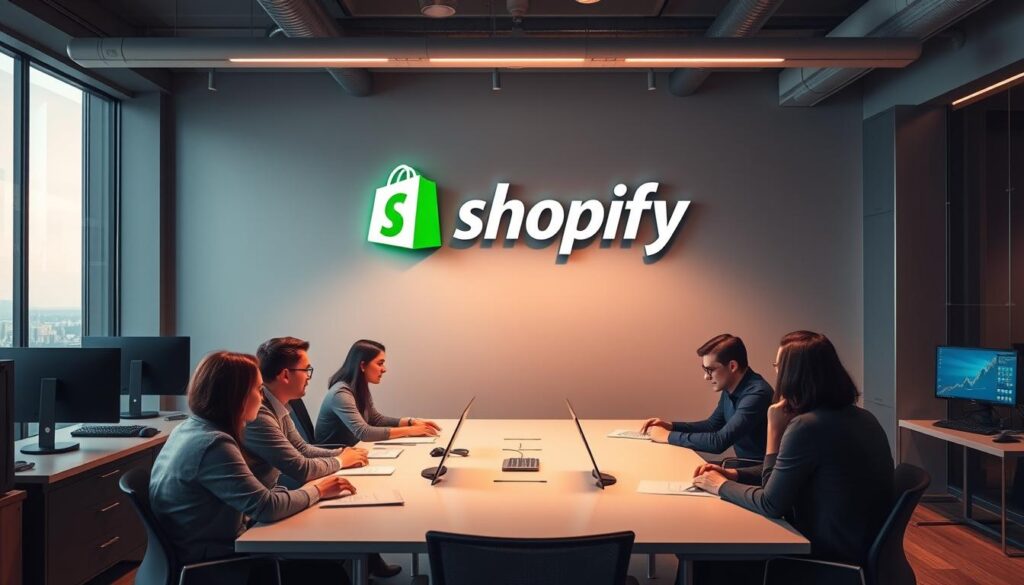 A sleek and modern office setting, with a large Shopify logo prominently displayed on the wall. In the foreground, a group of employees sit around a conference table, deeply engaged in a discussion about password management. The lighting is soft and warm, creating a professional yet collaborative atmosphere. The middle ground features desktop computers and other office equipment, while the background showcases the expansive space with large windows overlooking a cityscape. The overall scene conveys the importance of secure employee password management within the Shopify ecosystem.