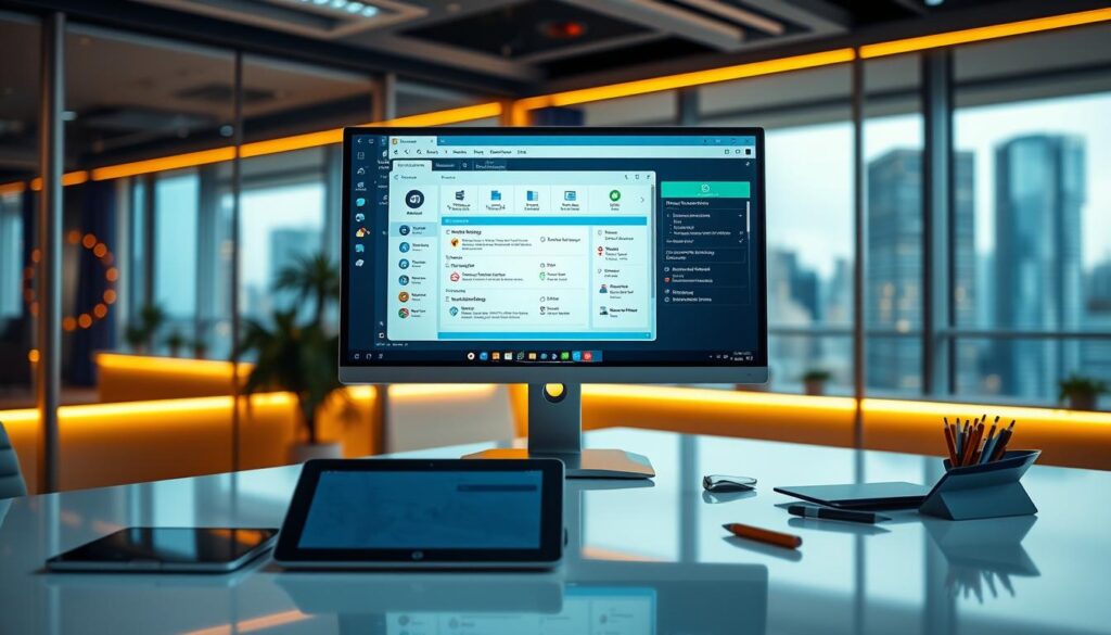 A sleek and modern office setting with a large desktop monitor showcasing a software application interface. The screen displays various app icons, settings, and tools, reflecting the concept of "Application Management". The workspace is well-lit, with warm lighting casting a soft glow, and the desk is neatly organized with a tablet, stylus, and other digital accessories. The background features a blurred cityscape, hinting at the integrated nature of modern business technology. The overall scene conveys a sense of productivity, efficiency, and the seamless integration of third-party applications within a professional environment.