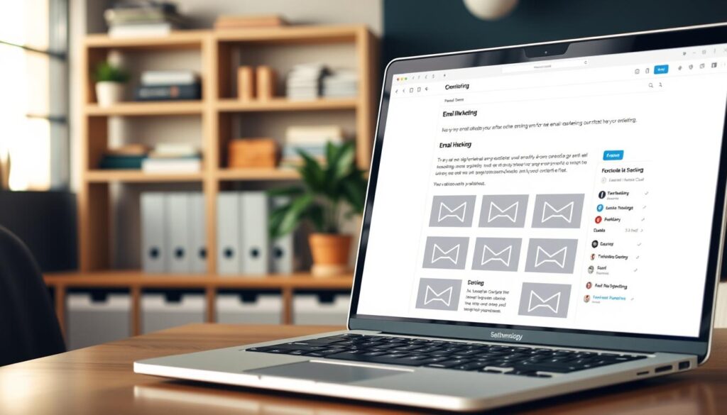 A sleek and modern office workspace with a focus on email marketing software. In the foreground, a laptop displays a user interface for an email marketing application, its clean design and intuitive layout highlighted by warm, natural lighting. In the background, shelves of books and organizational tools suggest a professional, productive environment. The overall scene conveys a sense of efficiency, technology, and the careful selection of the right tools to power a successful email marketing strategy for an ecommerce business.