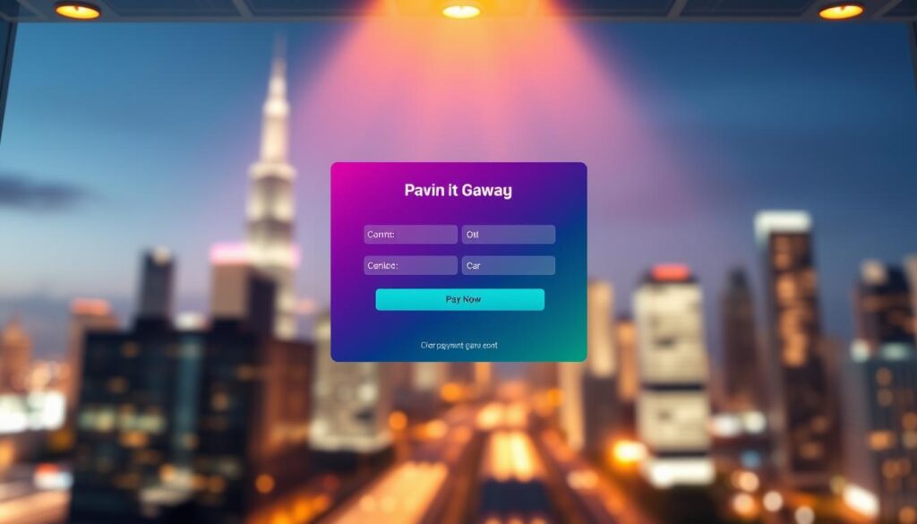 A sleek and modern payment gateway interface, featuring a clean and intuitive layout. The focal point is a central panel with a striking gradient background, showcasing a simplified payment form with clear input fields and a prominent "Pay Now" button. The overall design conveys a sense of security and professionalism, with subtle details like subtle shadows and minimal iconography adding depth and sophistication. The background features a blurred cityscape, hinting at the digital and global nature of online transactions. Warm lighting from above casts a gentle glow, creating a welcoming and trustworthy atmosphere. The entire scene is captured in a slightly low perspective, emphasizing the authority and reliability of the payment solution.