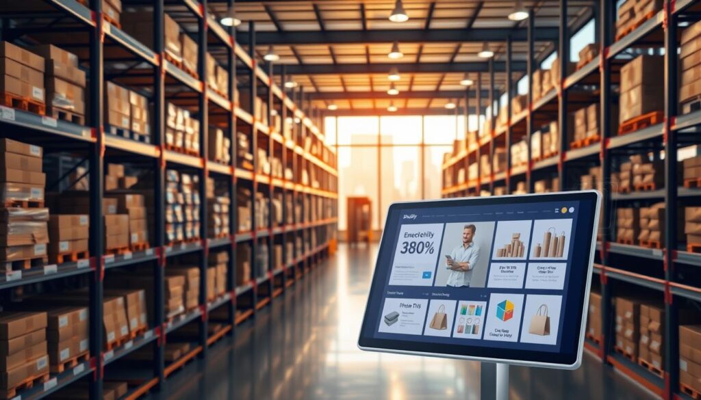 A sleek and modern warehouse interior with rows of neatly organized shelves, connected seamlessly to a dynamic Shopify e-commerce interface. The lighting is warm and inviting, casting a soft glow over the pristine space. In the foreground, a touchscreen display showcases real-time inventory data, seamlessly integrating the physical and digital worlds. The background features a cityscape through large windows, hinting at the global reach of this efficient warehouse-Shopify integration. The scene conveys the power of streamlining inventory management and online sales, creating a harmonious and productive workflow.