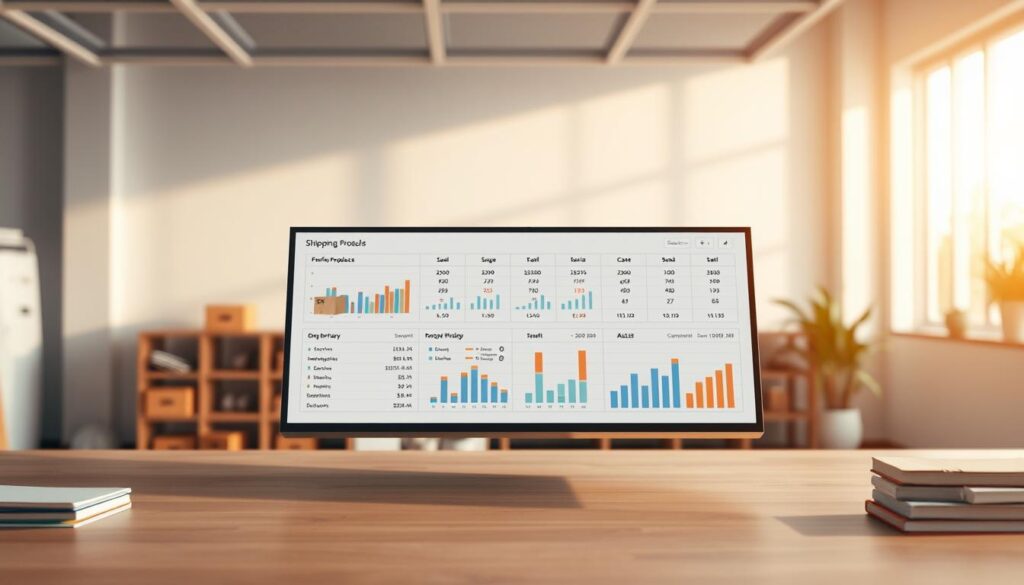 A sleek, modern analysis of shipping products for an online store. A clean, minimalist table of data and charts floats in a bright, airy workspace. Warm, natural lighting casts a soft glow, creating a sense of professionalism and clarity. The layout is intuitive, with carefully selected icons and illustrations that complement the numerical data, allowing the viewer to quickly understand the key insights. The overall atmosphere is one of efficiency, organization, and a deep understanding of the store's shipping requirements.