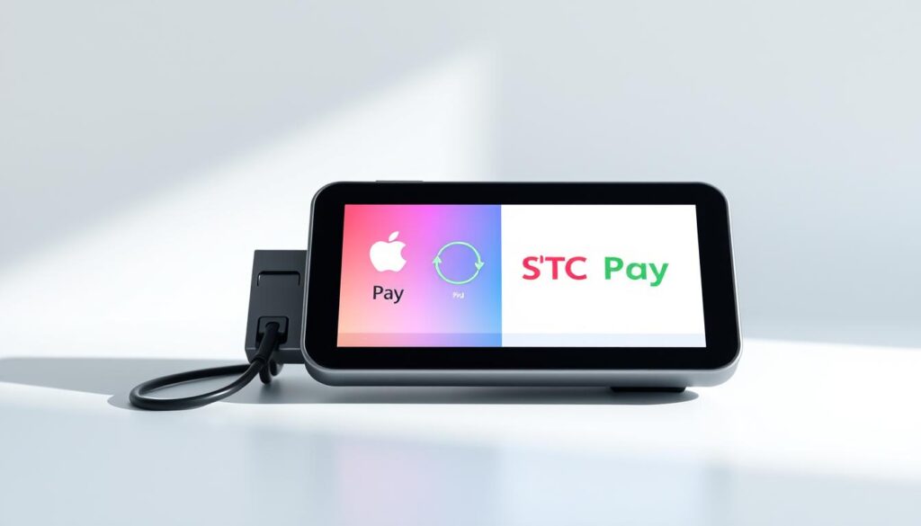 A sleek, modern digital payment terminal set against a clean, minimalist background. The terminal features a vibrant display showcasing the logos and branding of popular electronic payment services in Saudi Arabia, such as Apple Pay and STC Pay. Soft, diffused lighting illuminates the scene, creating a sense of sophistication and technological advancement. The overall composition conveys the convenience, security, and efficiency of digital payment solutions, highlighting their benefits for both consumers and businesses in the Saudi Arabian market.
