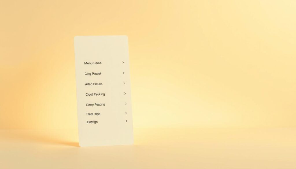A sleek, modern drop-down menu with a clean, minimalist design. The menu items are arranged neatly, with smooth transitions between them. The background is a soft, neutral color, allowing the menu to stand out. The menu is illuminated by a warm, gentle light, creating a cozy, inviting atmosphere. The menu is slightly angled, giving it a sense of depth and dimension. The overall composition is balanced and visually pleasing, with a focus on ease of navigation and user experience.