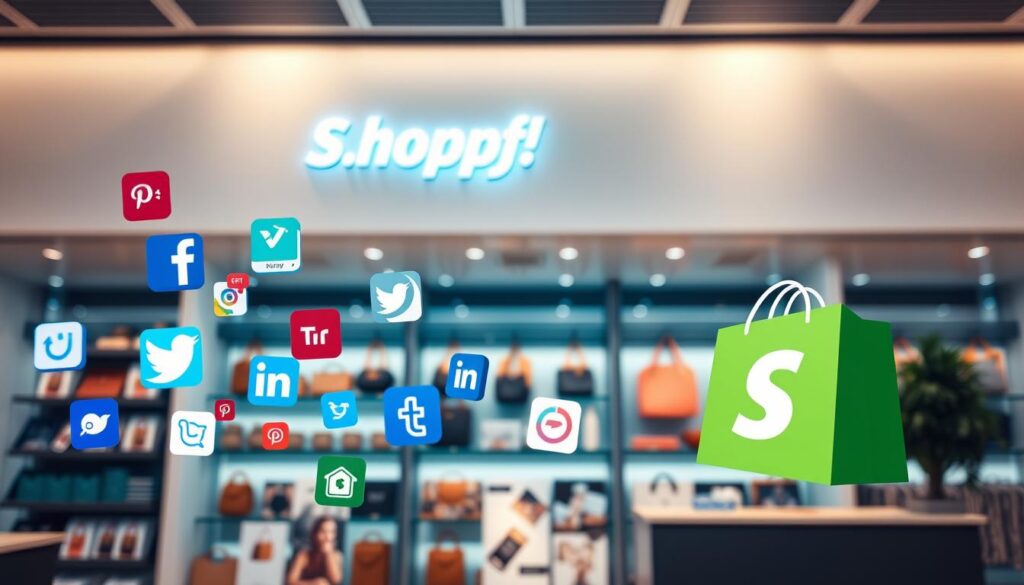 A sleek, modern e-commerce store with the Shopify logo prominently displayed. In the foreground, various social media icons and logos float, seamlessly integrating the store with popular marketing platforms. The middle ground showcases product images, showcasing the store's offerings. The background features a clean, minimalist design with subtle grid lines, hinting at the technical integration between the store and marketing channels. The entire scene is bathed in a warm, inviting lighting, conveying a sense of professionalism and sophistication. The image should capture the ease and efficiency of connecting a Shopify store to diverse marketing avenues.