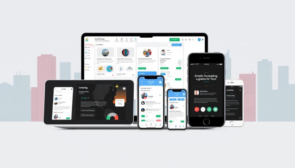 A sleek, modern email marketing application interface, showcasing a clean and intuitive design. The foreground features a laptop screen displaying email templates, analytics, and campaign management tools. The middle ground showcases various mobile devices, highlighting the responsiveness and cross-platform compatibility of the email marketing software. The background depicts a stylized cityscape, suggesting the global reach and professional nature of the email marketing platform. The overall scene conveys a sense of efficiency, productivity, and technological sophistication, aligning with the subject of choosing the right email marketing app for an ecommerce store.