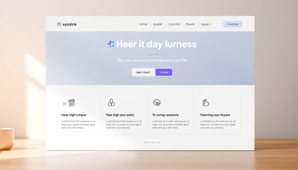 A sleek, modern landing page with a clean, minimalist design. A prominent hero section showcases a high-quality hero image or illustration, complemented by a strong headline and a clear, concise call-to-action. The middle section features three to four well-organized content blocks, each with a distinct visual element, such as an icon or an image, and compelling copy. The background features a subtle, neutral color palette or a soft, blurred pattern that doesn't distract from the main content. Gentle lighting creates a warm, inviting atmosphere, and the overall composition is balanced and visually appealing, drawing the viewer's attention to the key elements.