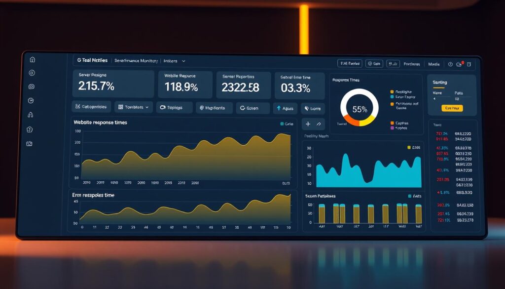 A sleek, modern-looking performance monitoring dashboard, featuring a clean, minimalist interface with intuitive data visualizations. The dashboard displays real-time metrics such as server resource utilization, website response times, and error rates, all presented in a visually appealing and easy-to-interpret manner. The layout is designed to provide a comprehensive overview of the system's performance, with the ability to drill down into specific details. Warm, neutral lighting and a subtle color palette create a professional, sophisticated atmosphere, emphasizing the tool's utility and reliability. The composition balances informative elements with a sense of visual harmony, making it an effective illustration of the APM capabilities discussed in the article.