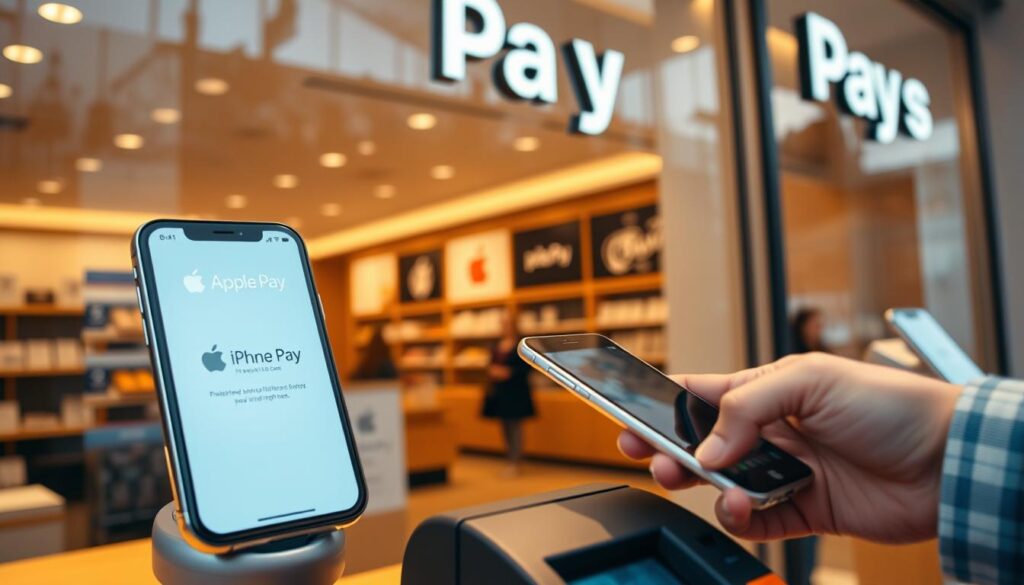 A sleek, modern storefront with a large display window showcasing an iPhone screen displaying the Apple Pay interface. The foreground features a customer's hand tapping their iPhone against a payment terminal, with the store's branding and signage visible in the background. Warm, natural lighting creates a welcoming atmosphere, while the composition emphasizes the ease and convenience of using Apple Pay in this retail setting. The overall scene conveys a positive, seamless experience of integrating Apple's mobile payment solution into the store's checkout process.