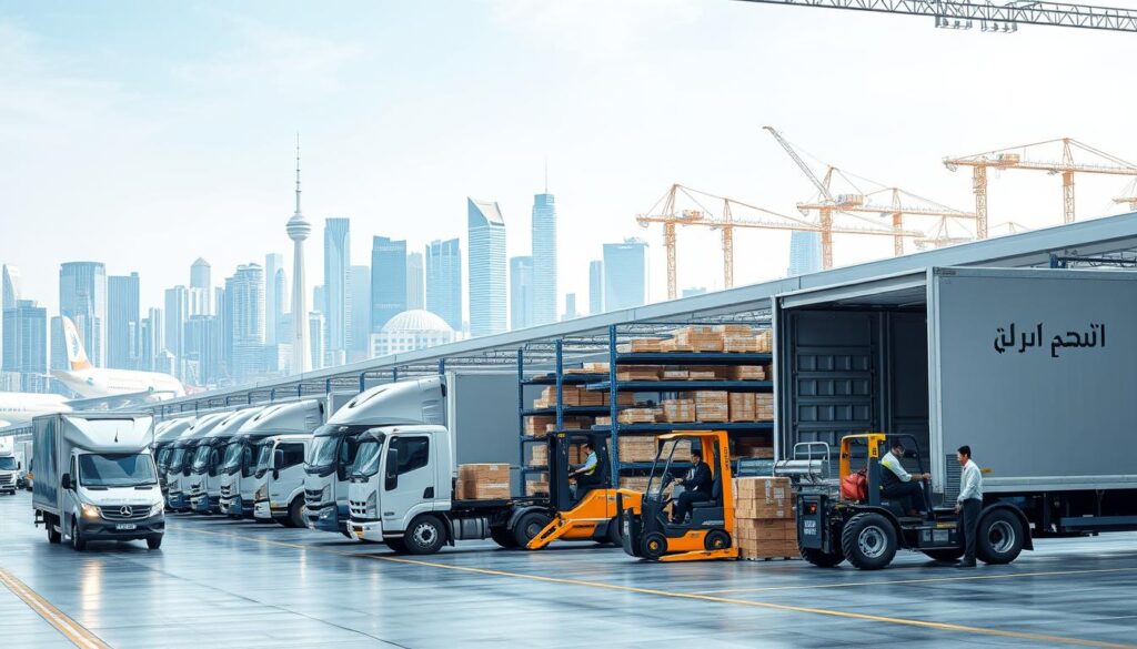 A sleek, modern transportation hub featuring the logos and branding of leading Saudi Arabian shipping companies. The foreground showcases a fleet of delivery trucks and cargo vans, with drivers in crisp uniforms loading and unloading packages. In the middle ground, a large warehouse facility with towering shelves and forklifts operates efficiently. The background depicts a bustling urban skyline, with skyscrapers and cranes signifying the scale and importance of the logistics industry. The lighting is bright and professional, capturing the precision and reliability of these top Saudi shipping providers. The overall atmosphere conveys a sense of productivity, expertise, and commitment to customer service.
