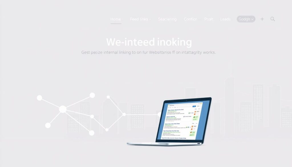 A sleek, modern website layout with clean navigation bars and strategically placed internal links. The foreground features a minimalist illustration of a website structure, with interconnected nodes and smooth curves symbolizing the optimization of internal linking. The middle ground showcases a laptop displaying a search engine results page, highlighting the impact of improved internal linking on organic visibility. The background depicts a stylized cityscape, representing the digital landscape where the website thrives. The overall tone is professional, with a focus on simplicity, efficiency, and the power of thoughtful information architecture.