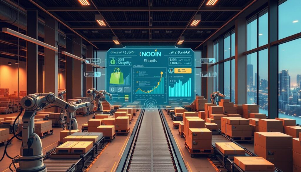 A sophisticated 3D rendering of a streamlined e-commerce fulfillment process, showcasing a Shopify integration with Amazon and Noon marketplaces in Saudi Arabia. The foreground depicts a meticulously detailed warehouse environment, with robotic arms and conveyor belts efficiently sorting and packing orders. In the middle ground, a holographic dashboard displays real-time order tracking and inventory management. The background features a sleek, minimalist office space, with large windows overlooking a bustling city skyline. Warm, diffused lighting creates a sense of productivity and technological prowess. The overall scene conveys the challenges of cross-platform integration and the innovative solutions that enable seamless, high-performance order fulfillment.