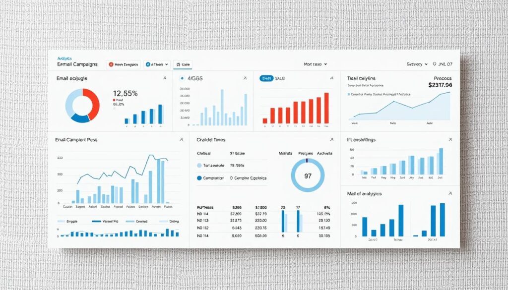 A sophisticated, data-driven analysis dashboard showcasing key email campaign performance metrics. The dashboard features clean, minimalist typography and information-rich graphs, charts, and visualizations against a neutral, textured background. Detailed analytics are presented in an intuitive, interactive layout, providing deep insights to optimize email marketing strategies. Precise lighting and camera angles highlight the dashboard's elegant, professional design, creating a sense of analytical clarity and strategic decision-making.
