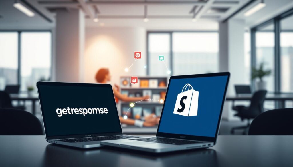 A sophisticated digital integration between the GetResponse email marketing platform and the Shopify ecommerce store. In the foreground, a modern laptop displaying the GetResponse and Shopify logos, seamlessly connected through colorful data flows. The middle ground features an array of ecommerce products, symbolizing the synergy between the two systems. In the background, a clean, minimalist office setting with large windows, evoking a sense of professionalism and technological prowess. Soft, directional lighting illuminates the scene, creating depth and highlighting the key elements. The overall mood is one of efficiency, connectivity, and the power of integrated marketing and sales solutions.