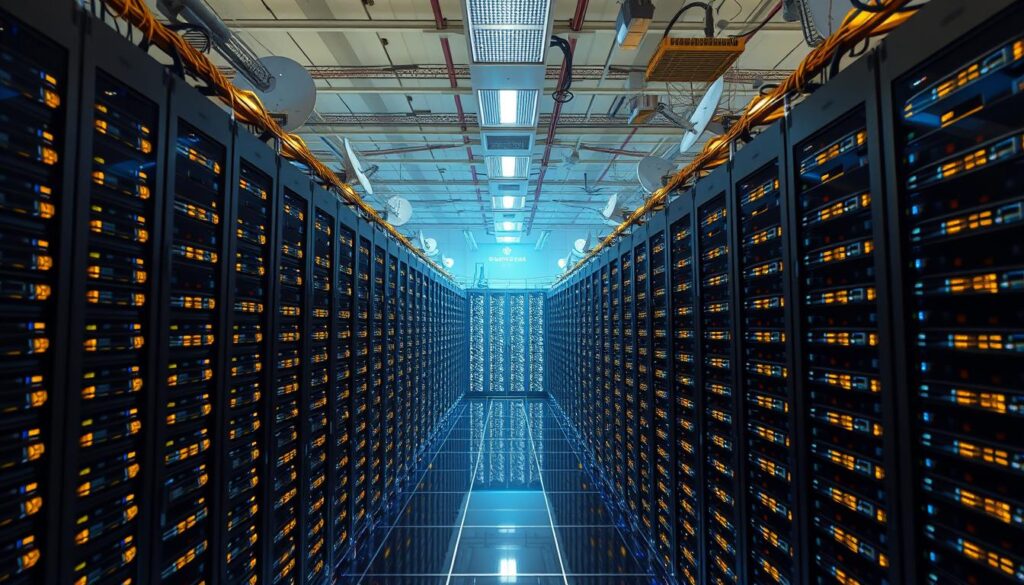 A sprawling global data center network, a digital nervous system powering the world. Towering server racks, cooled by intricate airflow systems, pulsing with the flow of information. Illuminated server cabinets, reflecting the glow of countless blinking lights, arranged in meticulous rows. The faint hum of high-performance computing, a symphony of technological prowess. Satellite dishes pointing skyward, connecting this hub to the furthest reaches of the globe, enabling seamless worldwide coverage. An intricate tapestry of fiber-optic cables, weaving together distant locations, facilitating instantaneous global communication. A temple of modern infrastructure, a digital nerve center powering the information age.