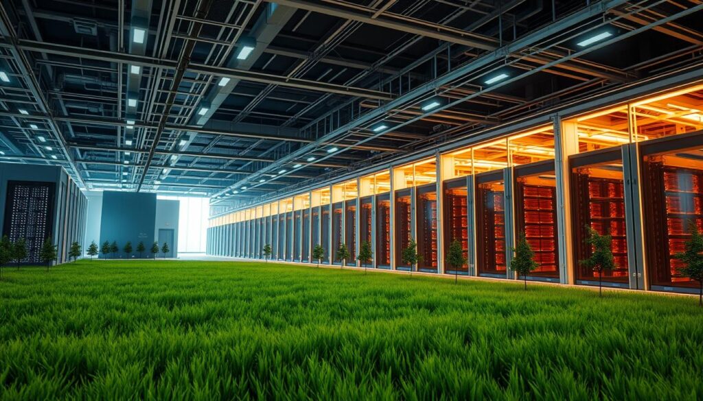 A sprawling, state-of-the-art Hostinger data center complex situated in a serene, verdant landscape. Sleek, modern server racks and cooling systems fill the cavernous, well-lit interior, bathed in a warm, ambient glow. Exterior shots showcase the imposing, angular architecture with clean lines and subtle textures, conveying a sense of technological sophistication and reliability. The entire scene exudes an aura of efficiency, security, and unwavering uptime, perfectly suited to power high-performance WordPress websites in Saudi Arabia.