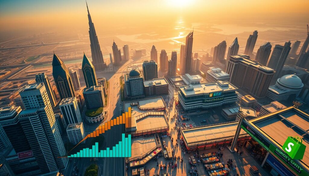 A striking aerial view of the Gulf region, showcasing the dynamic trends of Shopify-powered e-commerce. The image depicts a vibrant cityscape, with towering skyscrapers and bustling city streets. In the foreground, colorful data visualizations and charts illustrate the growth and trajectory of online sales, offering a comprehensive overview of the Gulf's Shopify-driven retail landscape. The middle ground features a bustling marketplace, with various vendors and shoppers engaged in lively transactions. The background is shrouded in a warm, golden glow, creating a sense of prosperity and economic vitality. The overall composition conveys the scale, diversity, and transformative impact of Shopify-enabled commerce within the Gulf's thriving digital economy.