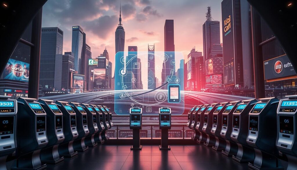 A striking, high-resolution image showcasing a diverse array of global payment gateways. The foreground features sleek, modern payment terminals in brushed metal and glass, arranged in a symmetrical, architectural layout. The middle ground displays a vibrant, holographic display projecting various payment icons, brand logos, and transaction data. In the background, a dynamic cityscape with towering skyscrapers, neon-lit billboards, and a futuristic transportation network sets the scene. Dramatic, directional lighting casts long shadows and highlights the technological sophistication of the payment infrastructure. The overall mood is one of innovation, connectivity, and seamless global commerce.